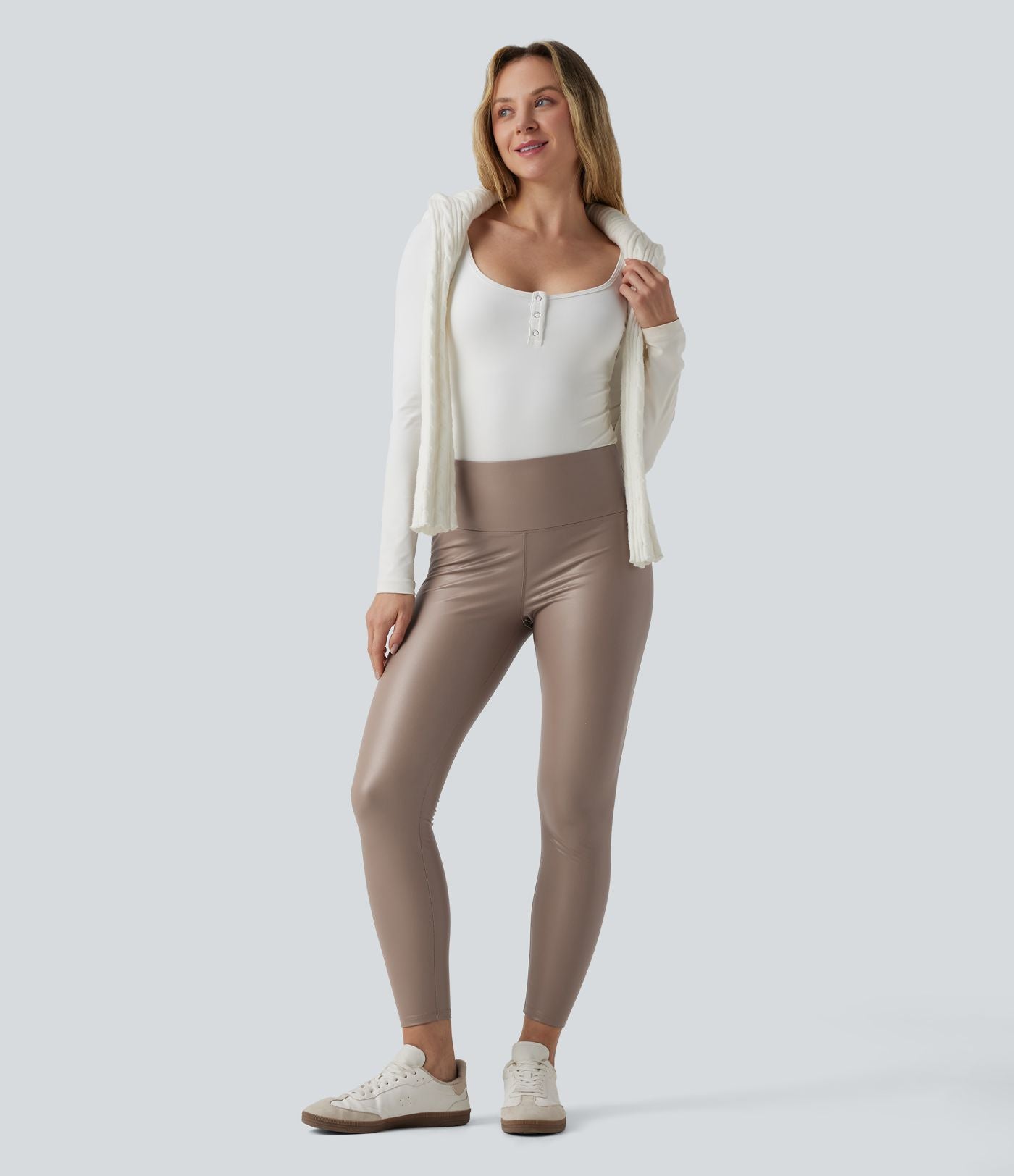 Pantalon 7/8 moulant décontracté polaire gainant taille haute extensible effet cuir avec poches