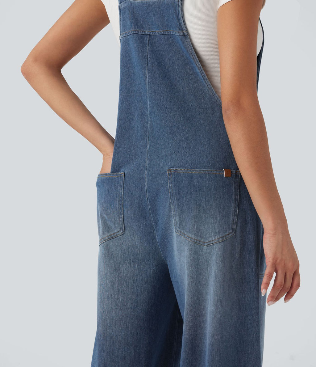 Salopette denim Halara Flex™ col carré effet délavé avec poches