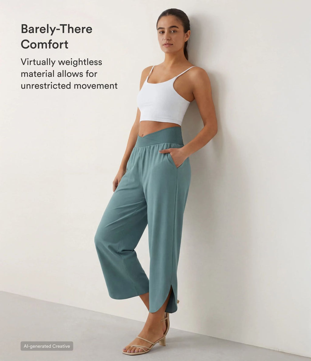 Breezeful™ Pantalon Fluide Vacances Séchage Rapide Taille Haute Croisée Poches Latérales Plissées Fente