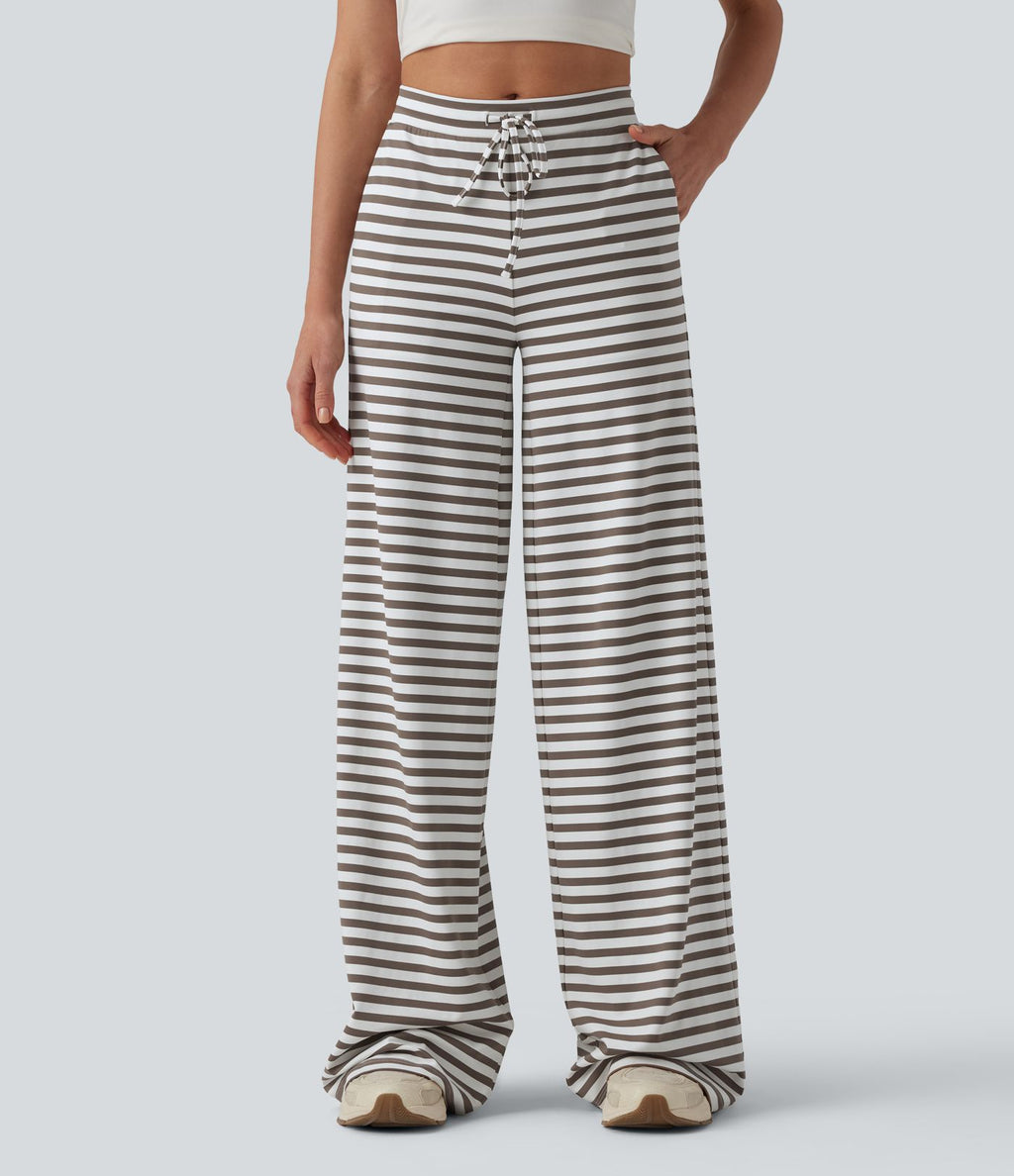 Pantalon yoga large taille mi-haute à rayures et cordon de serrage avec poches