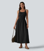 Robe midi décontractée à corset lacé et col carré avec poches
