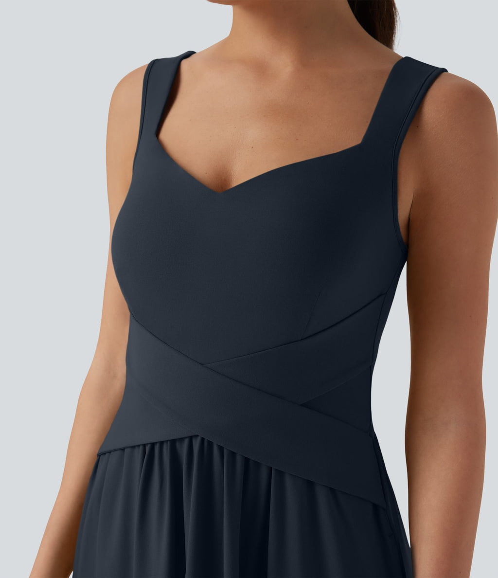 Robe maxi fluide dos nu, avec brassière intégrée et poches