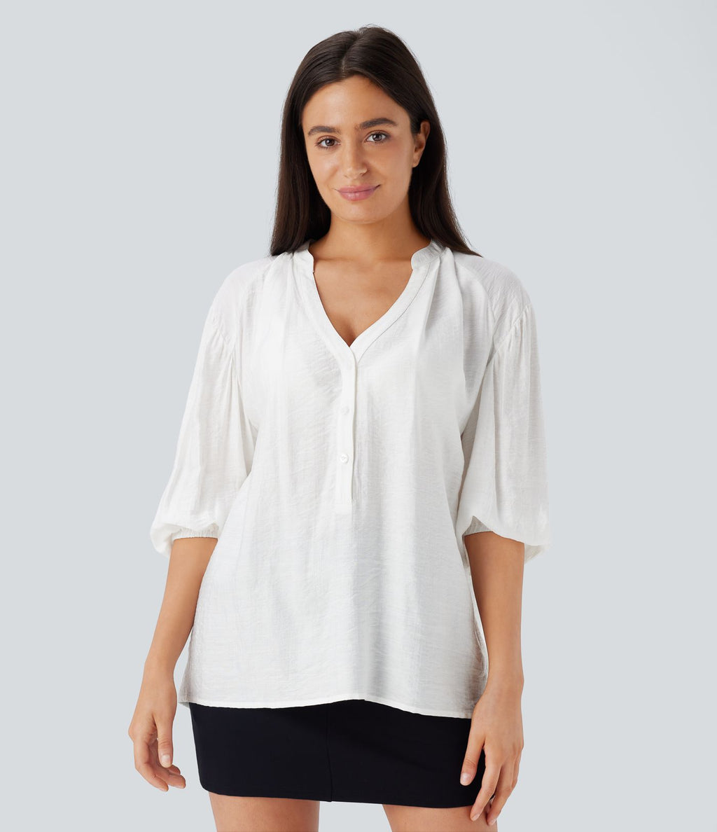 Haut décontracté oversize col V manches bouffantes 3/4