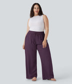 Pantalon décontracté grande taille large fluide taille haute effet lin avec cordon de serrage et poches