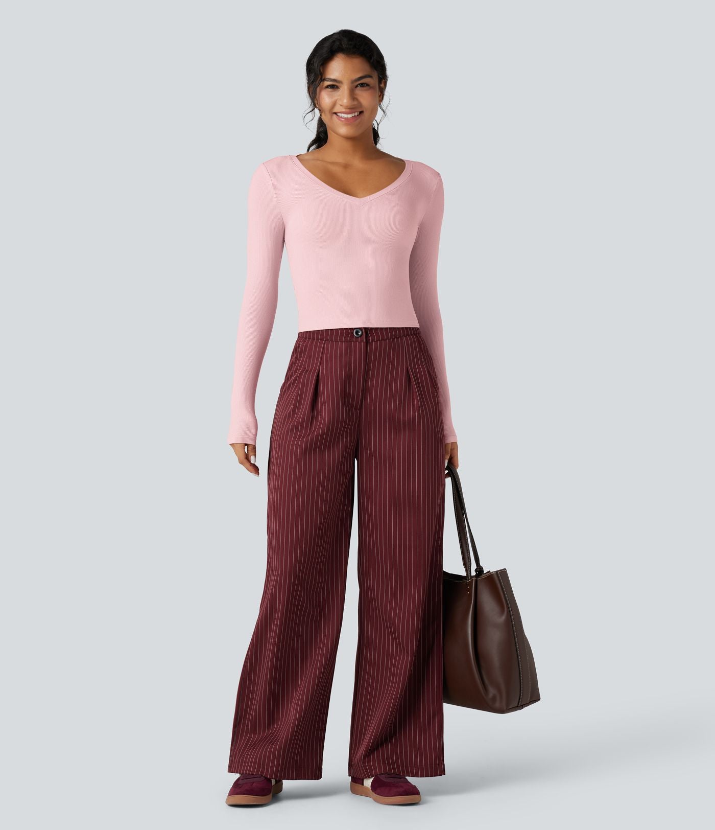 T-shirt tailleur côtelé court col V manches longues