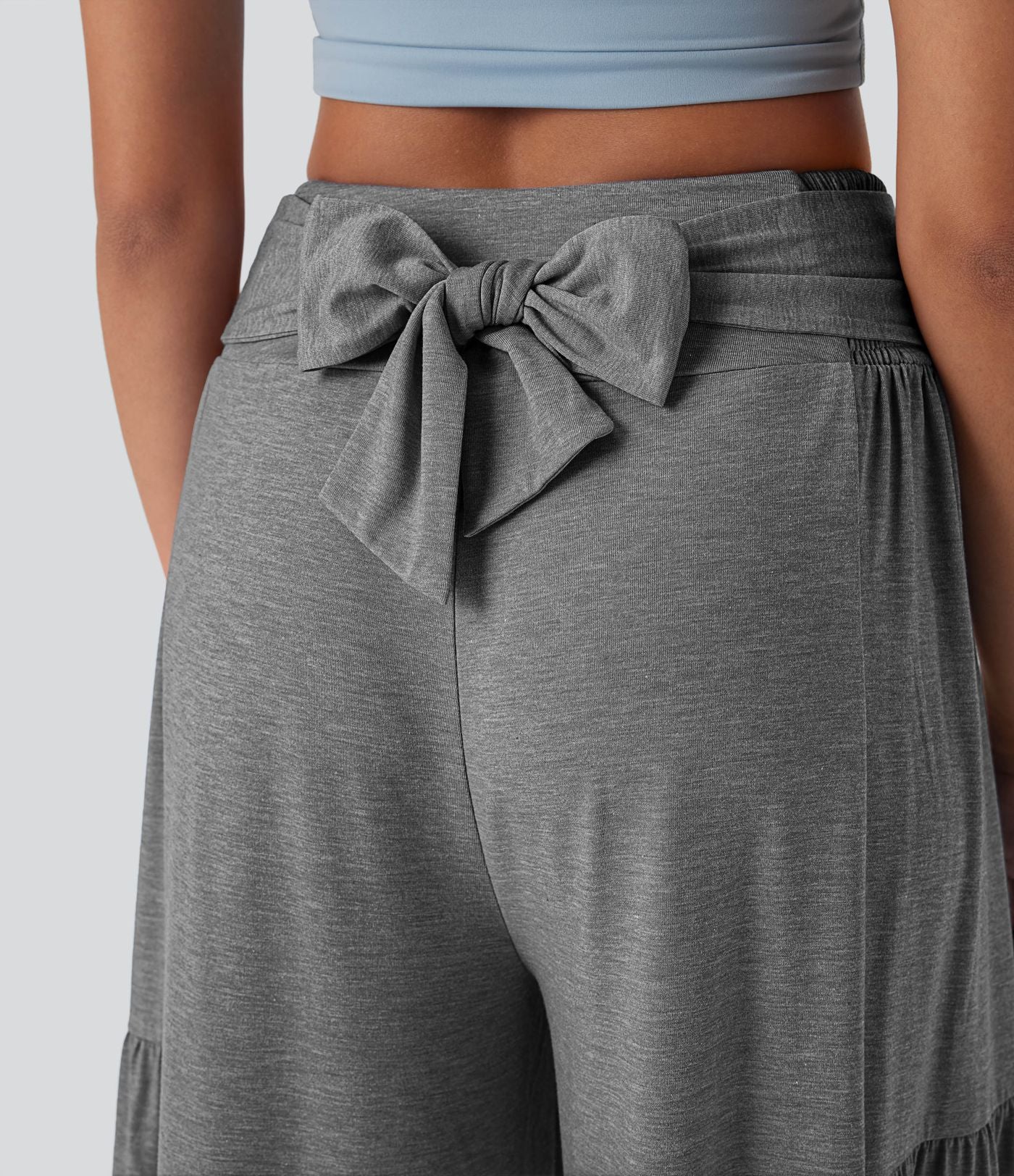 Pantalon danse large fluide taille haute smocké nœuds devant et dos