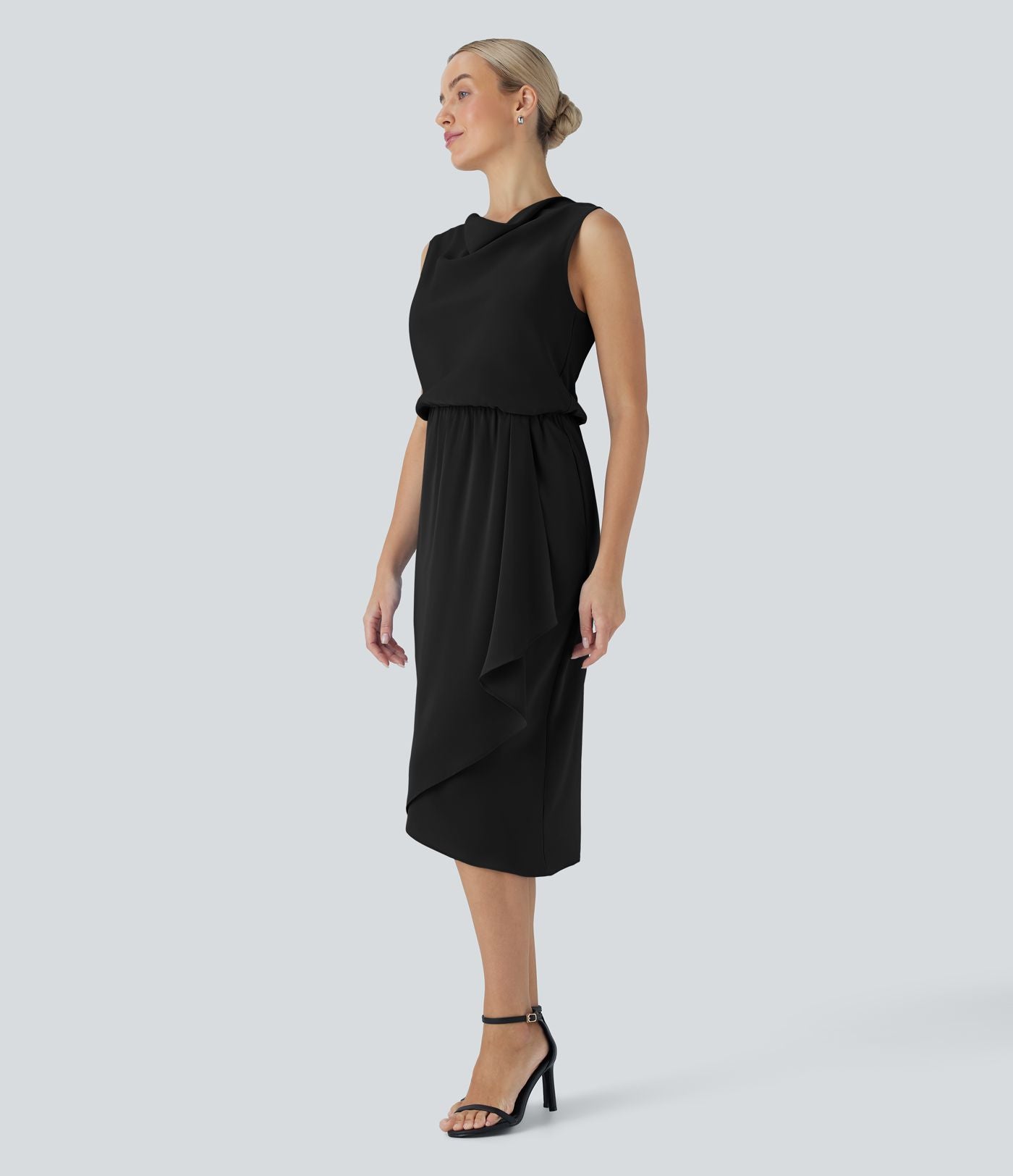 Robe midi de voyage défroissage facile, col bénitier, ourlet croisé et poches