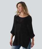 Pull décontracté oversize asymétrique demi-manches ourlet fendu avec poche