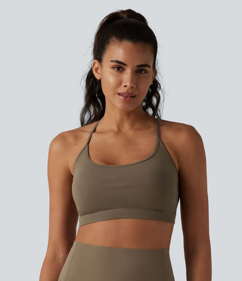 Brassière de sport de yoga en maille côtelée maintien léger dos croisé dos nu avec soutien-gorge intégré