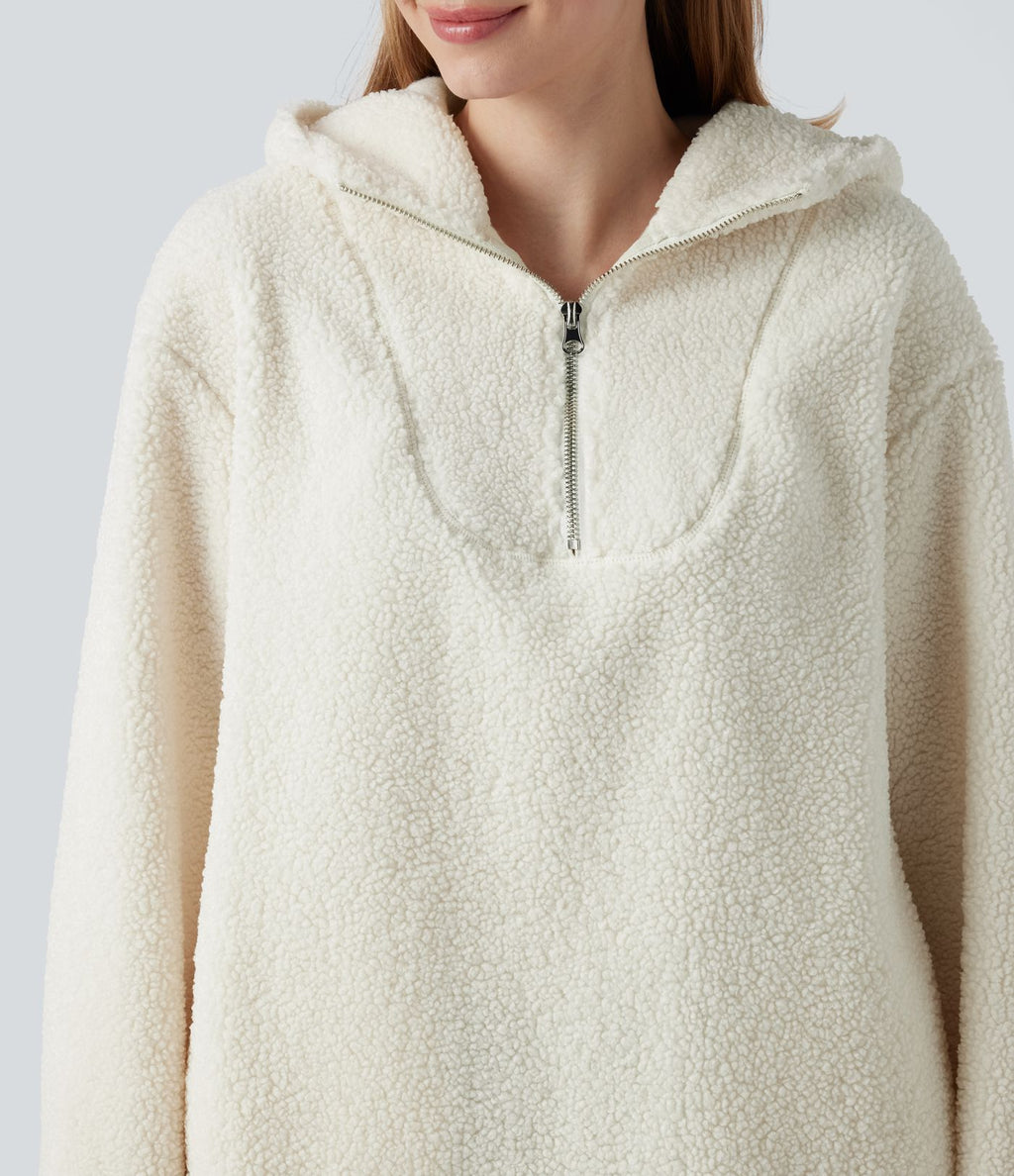 Sweat-shirt sherpa oversize à capuche et demi-zip avec ourlet arrondi et poches