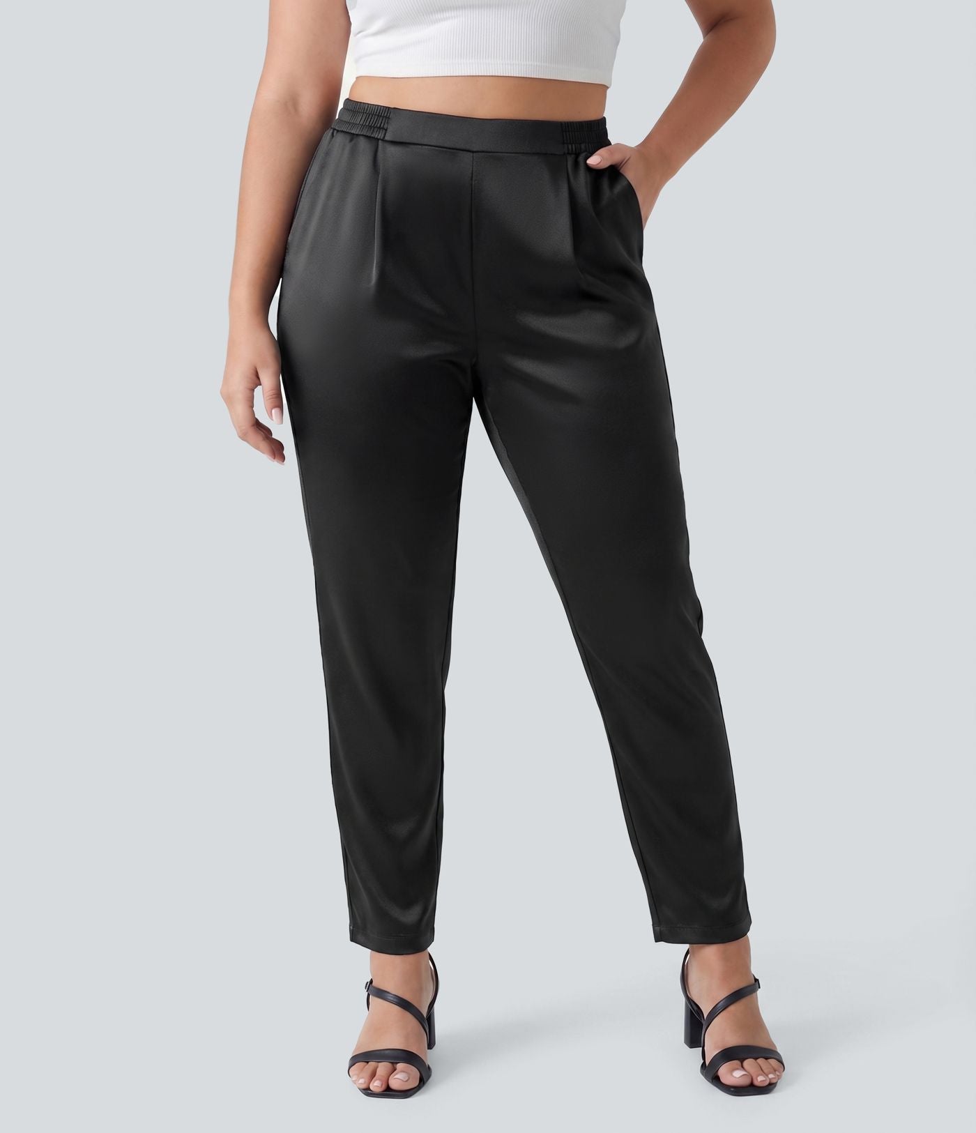 Pantalon tailleur fuselé en satin taille haute grande taille avec poches