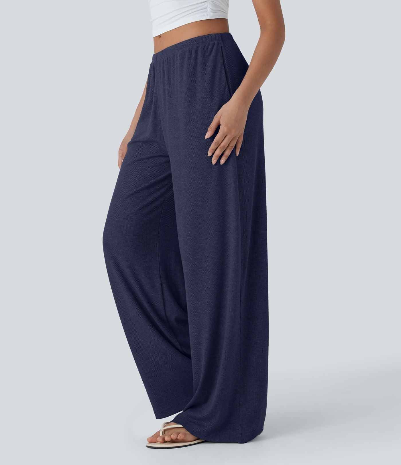 Pantalon fluide ample à taille basse avec cordon de serrage, côtes extensibles, doux pour la peau et poches latérales
