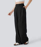 Pantalon large fluide effet lin taille moyenne avec poches
