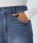 Jean décontracté Halara Flex™ taille haute jambes larges avec poches multiples et ourlet ajustable, en maille extensible effet délavé