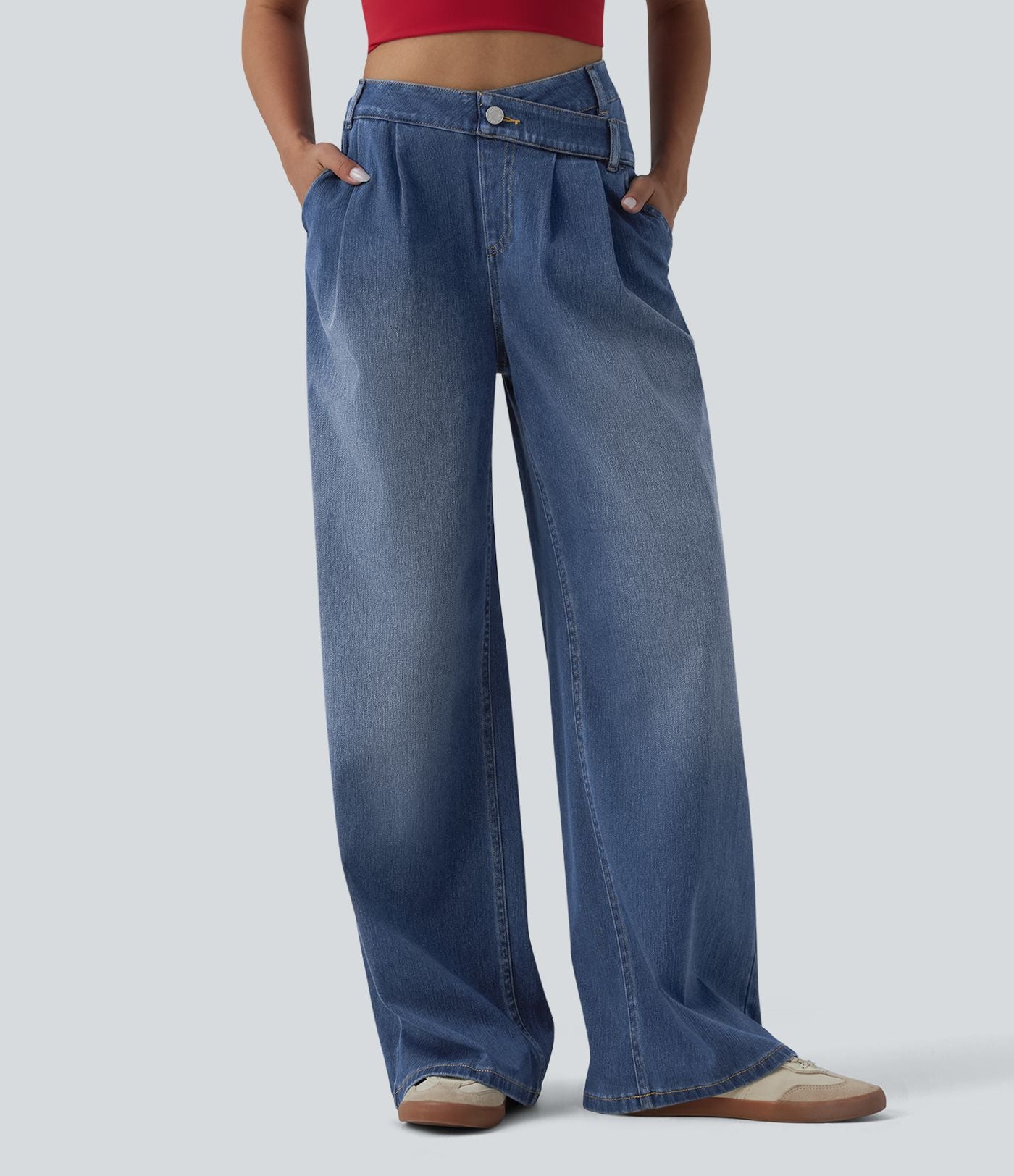 Halara Flex™ Jean large décontracté asymétrique taille haute délavé avec poches