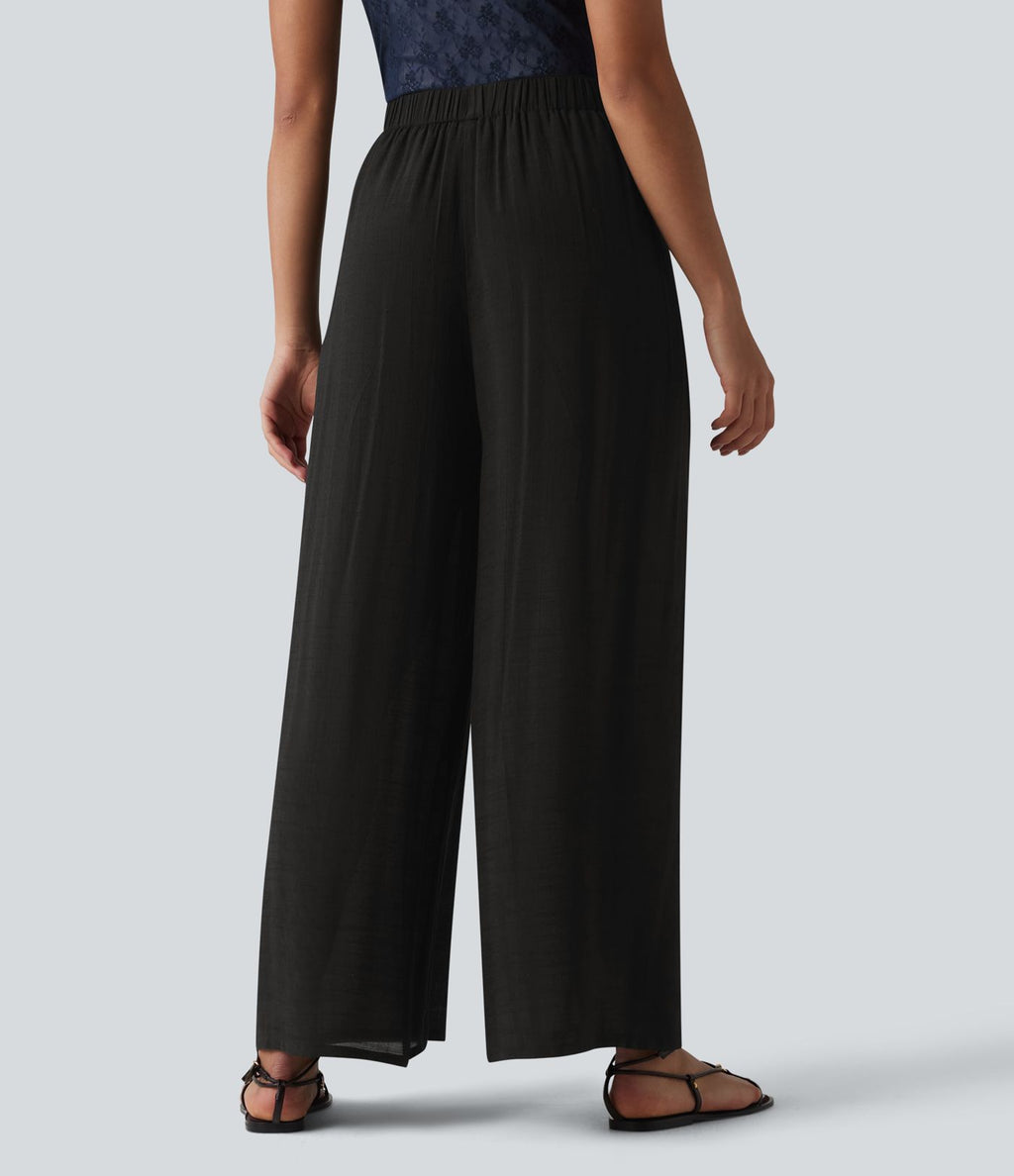 Pantalon large fluide décontracté taille haute aspect lin avec poches