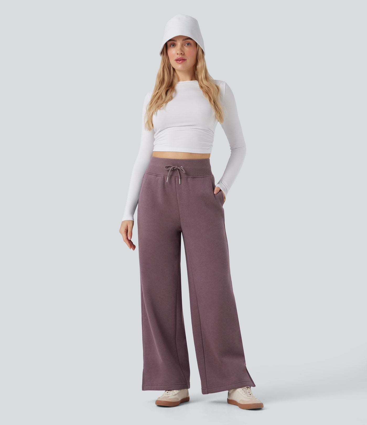 Pantalon jogging décontracté polaire taille haute jambe large avec cordon de serrage ourlet fendu et poches
