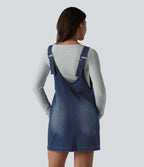 Robe mini décontractée Halara Flex™ col V en denim délavé avec poches