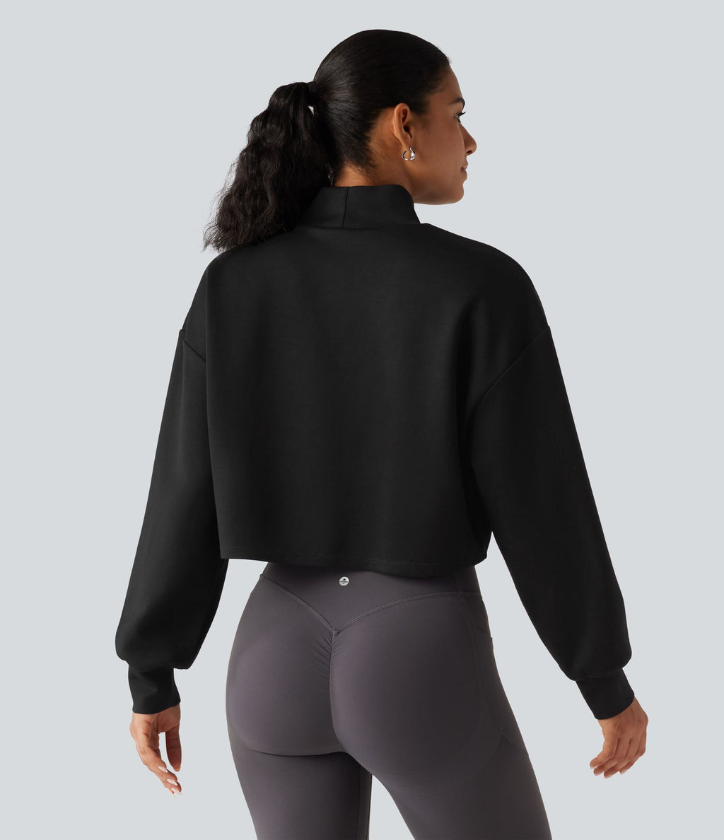 Sweat crop top col montant avec manches longues et coupe décontractée