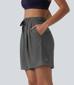 Short de yoga plissé taille haute avec ceinture élastique, cordon de serrage et poches 17,5 cm