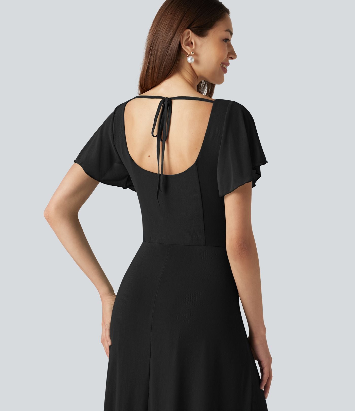 Robe maxi fluide col carré manches courtes soutien-gorge intégré dos noué