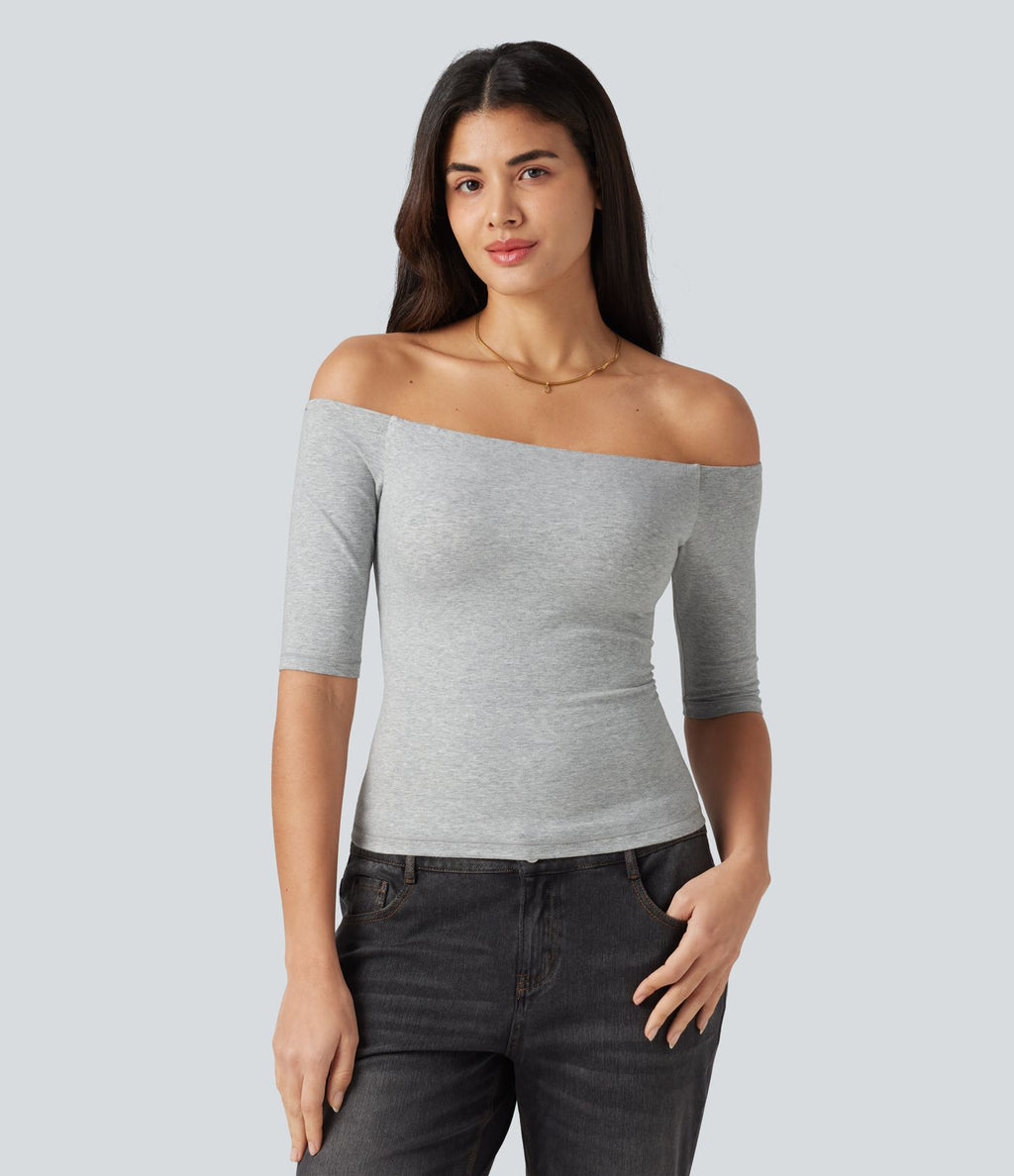 T-shirt décontracté Halara Cotton Jersey épaules dénudées à manches mi-longues, bretelles amovibles et coussinets amovibles, bonnets B à E