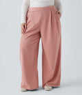 Pantalon décontracté grande taille large en maille gaufrée, taille haute, avec poches