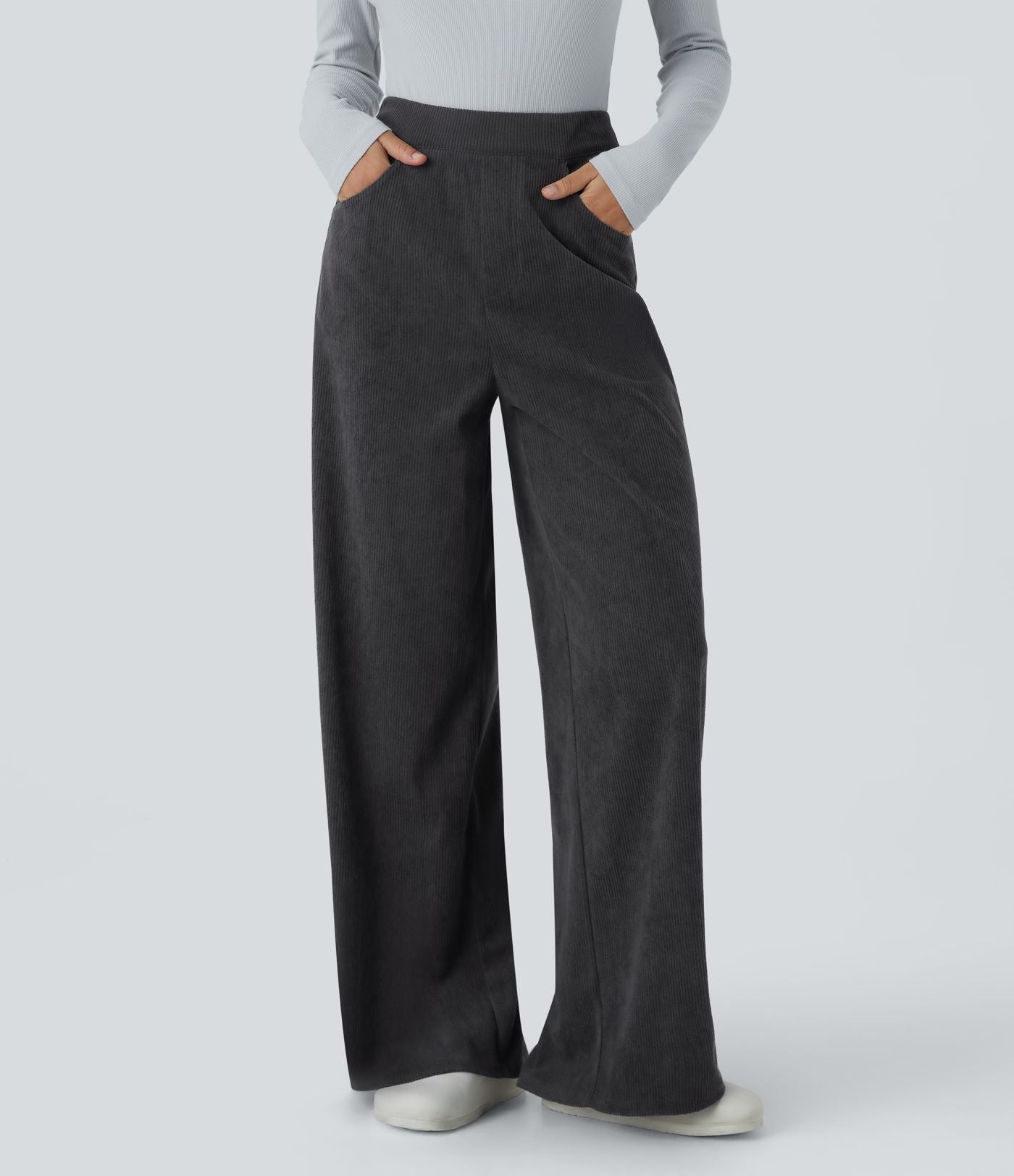Pantalon velours côtelé tailleur et large Halara Flex™, taille haute, avec poches