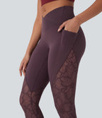 Legging de yoga 7/8 taille haute avec poches latérales, dos croisé et dentelle contrastante Softlyzero™-UPF50+