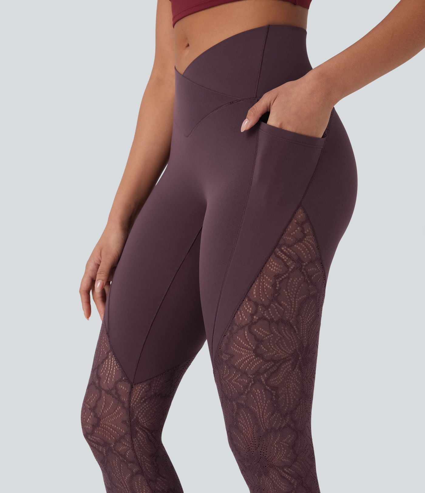 Legging de yoga 7/8 taille haute avec poches latérales, dos croisé et dentelle contrastante Softlyzero™-UPF50+