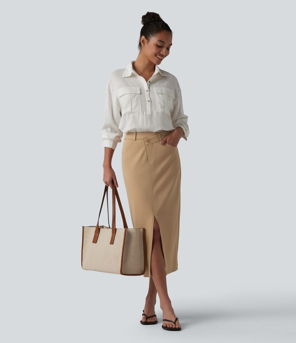 Jupe crayon midi tailleur asymétrique taille moyenne fendue avec poches