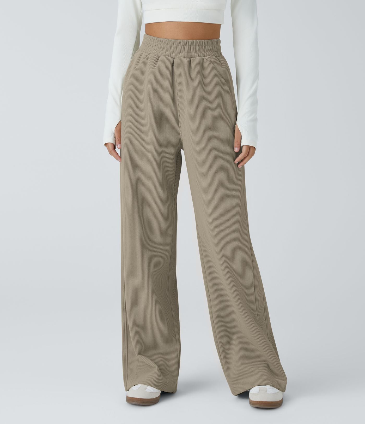 Pantalon velours côtelé de jogging décontracté à taille haute avec poches latérales