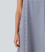 Robe débardeur midi décontractée col rond sans manches en vichy froissé avec poches