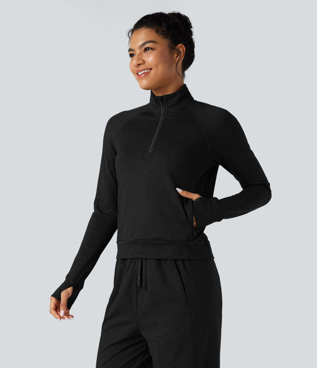 Sweat-shirt polaire thermique chiné séchage rapide demi-zip avec trous pouces et poches - UPF40+