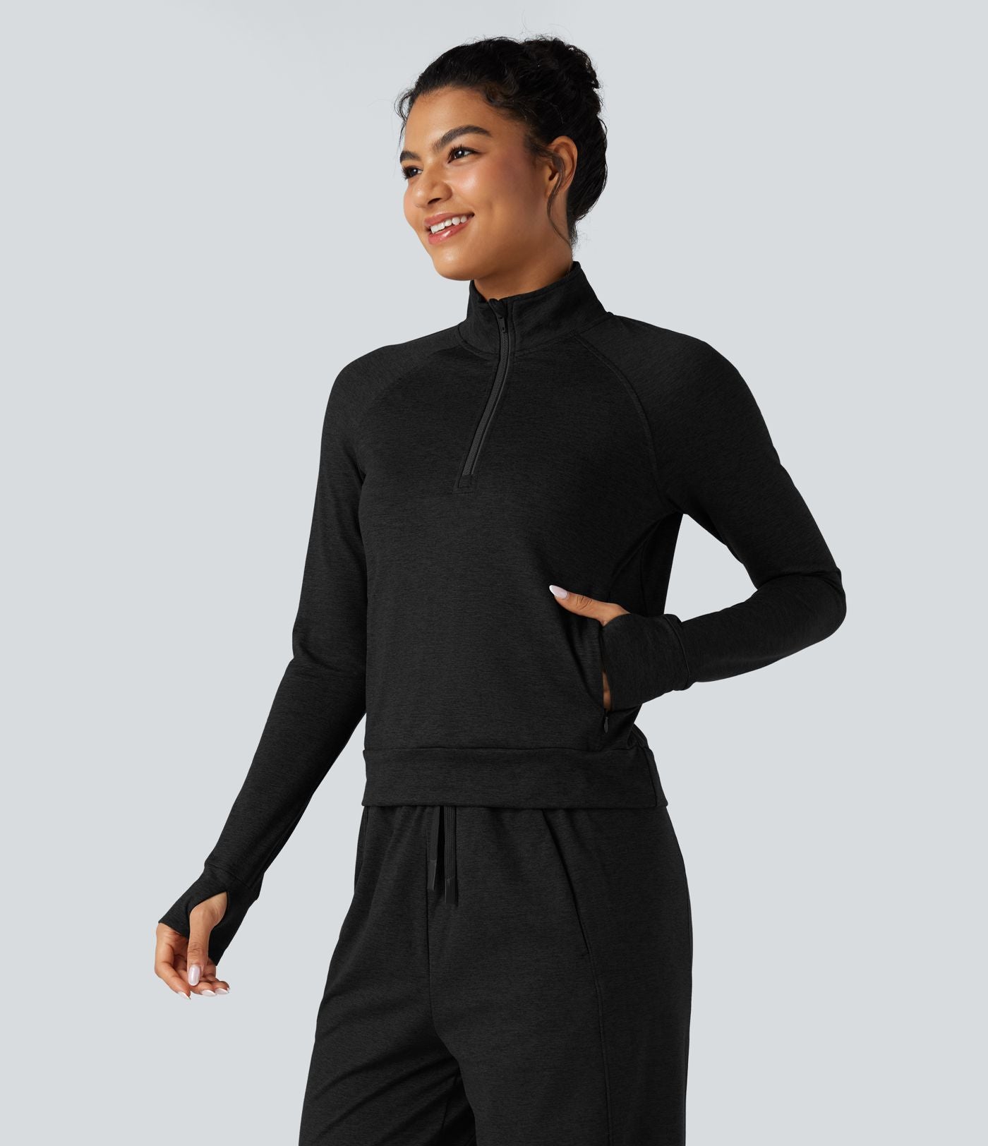 Sweat-shirt polaire thermique chiné séchage rapide demi-zip avec trous pouces et poches - UPF40+