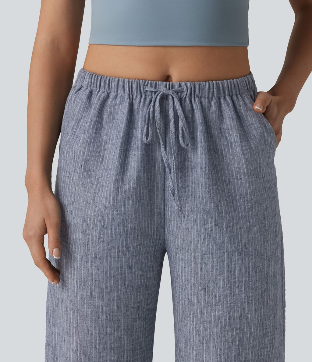 Pantalon décontracté ample rayé taille mi-haute avec cordon de serrage et poches