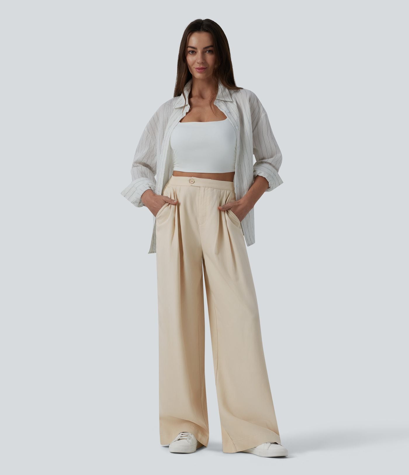 Pantalon large fluide casual taille haute plissé drapé en lin avec poches