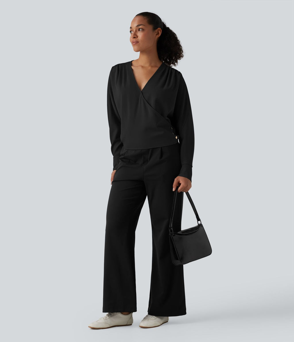 Blouse esprit bureau défroissage facile, col V, manches longues et boutons décoratifs