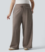 Grande taille Pantalon casual large taille haute ventre plat en maille côtelée, cordon de serrage et poches