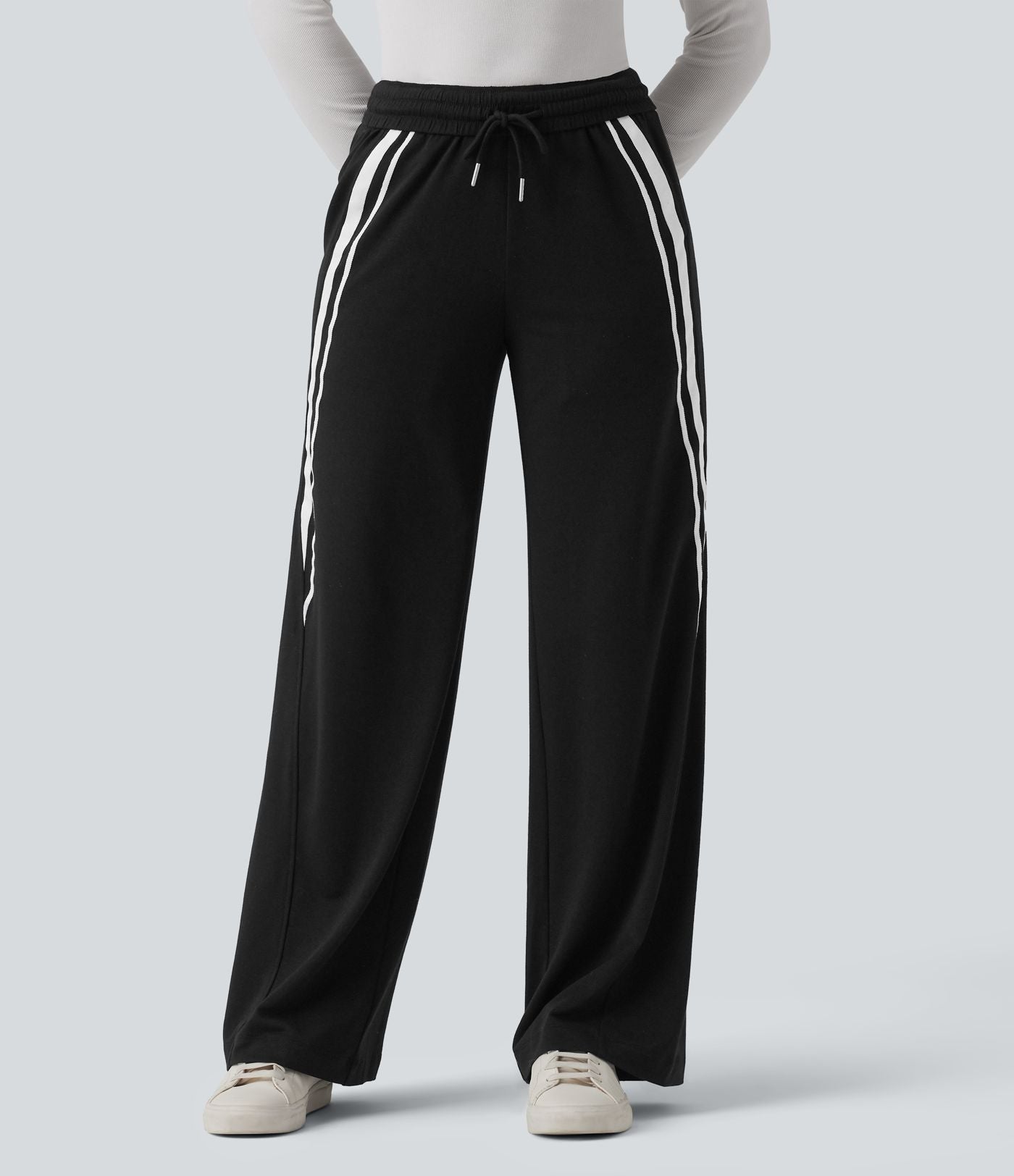Jogging large décontracté color block taille mi-haute avec cordon de serrage intérieur et poches