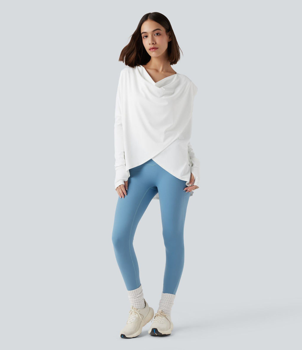 Top de sport yoga à capuche col drapé manches longues avec trous pouces et poches