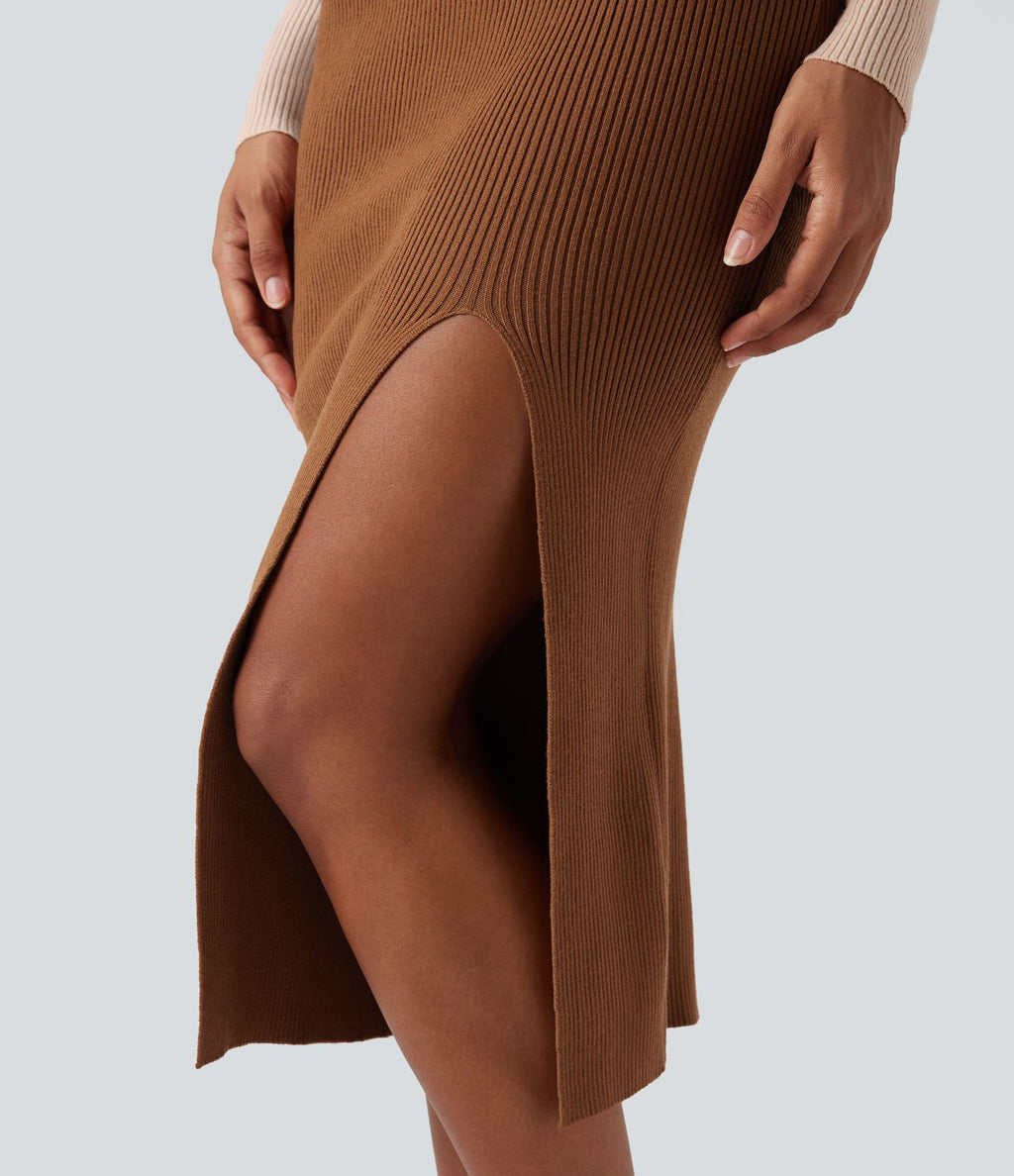 Jupe pull mi-longue moulante fendue taille haute
