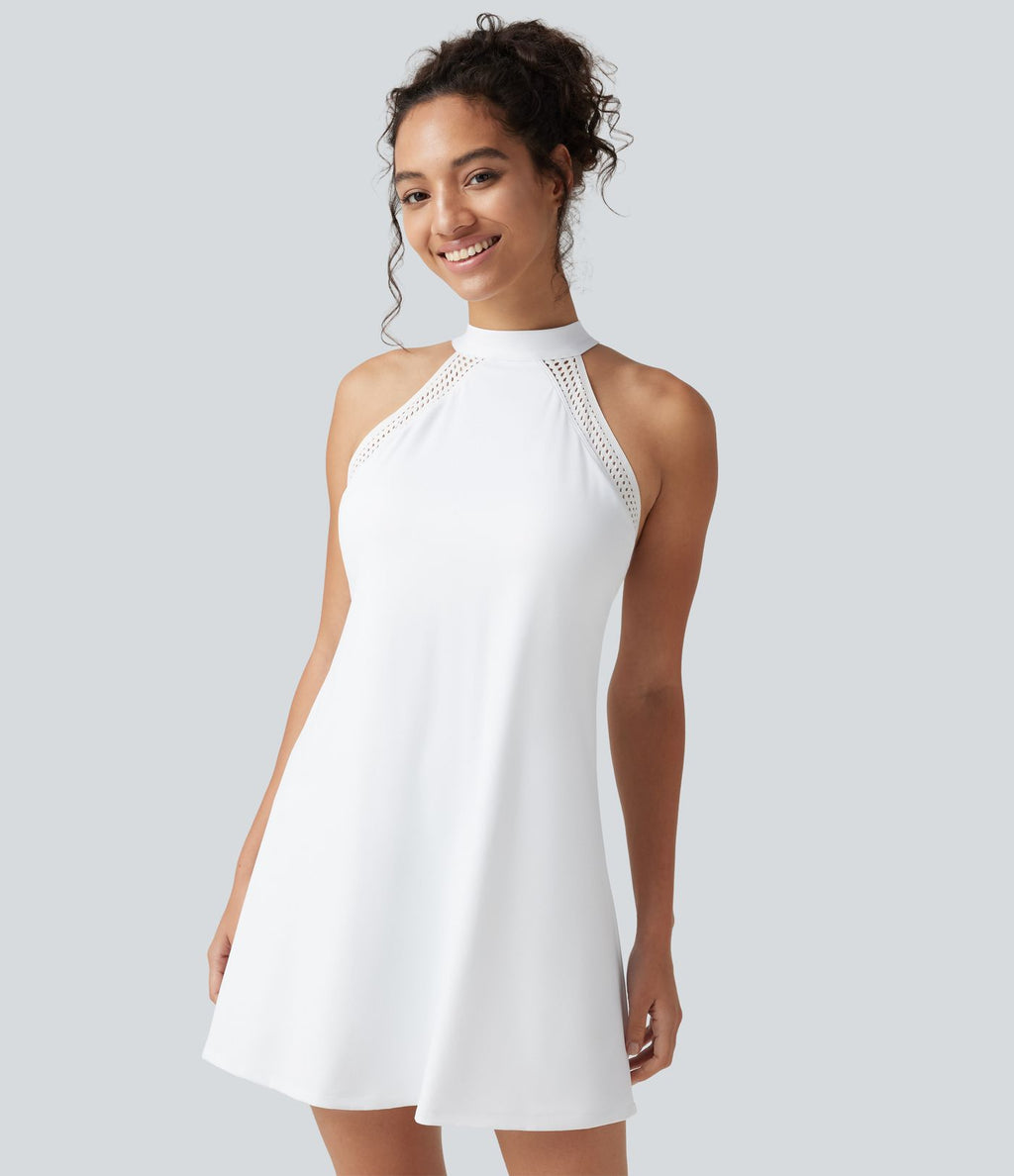 Robe-short mini SoftlyZero™ Airy effet frais InstantCool pour le yoga longueur allongée avec dos noué, coussinets amovibles, poche et protection solaire UPF50+