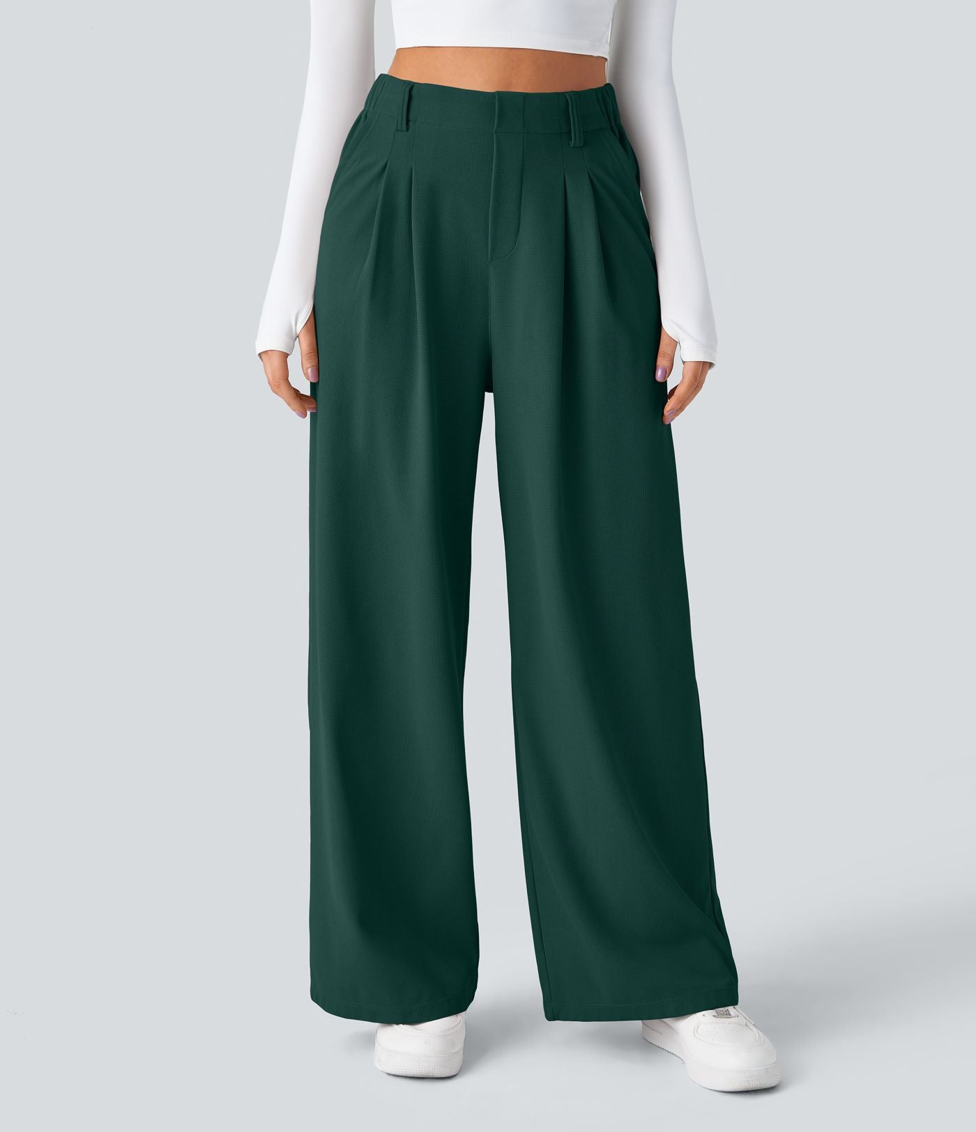 Halara Flex™ Pantalon Tailleur Large Fluide Gaufré Taille Haute Poches Latérales