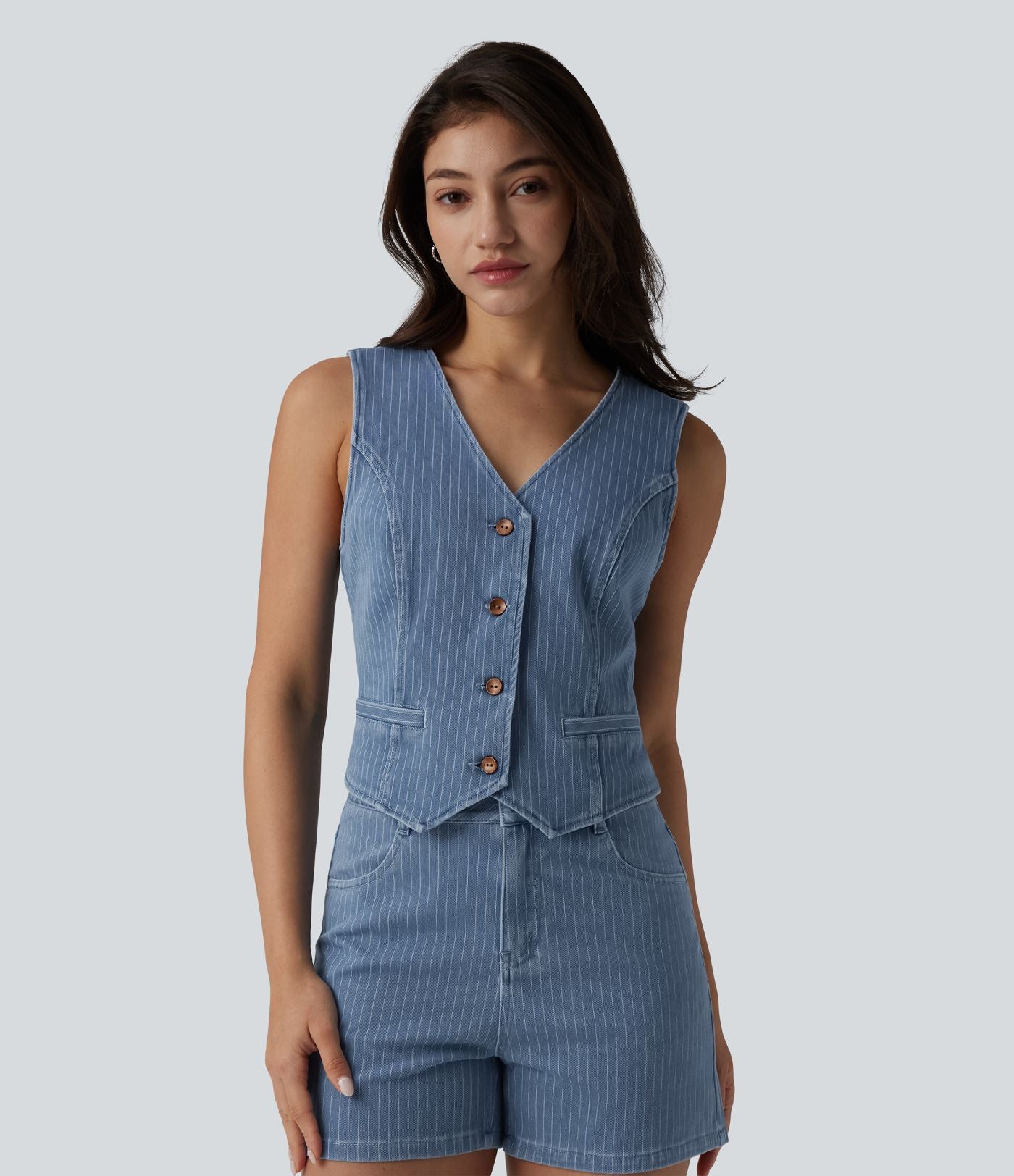 Gilet denim décontracté Halara Flex™ décolleté V profond boutonnage rayé