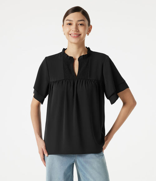 Blouse casual col V à volants, manches courtes et dentelle contrastée