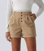Short chino casual ample coton taille mi-haute à ourlet retroussé avec poches