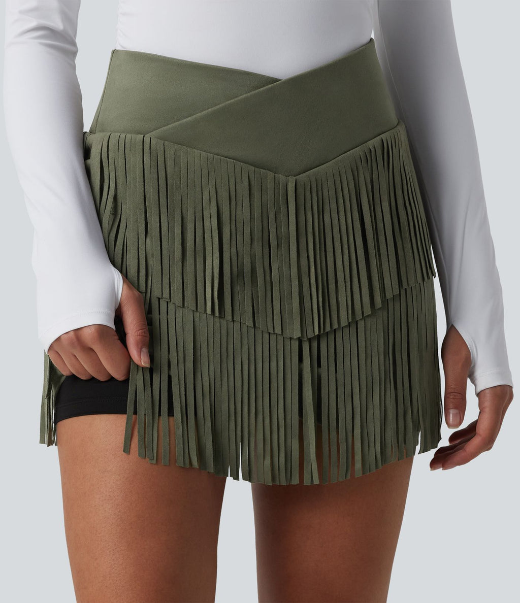 Jupe mini de soirée ajustée effet daim taille haute croisée 2-en-1 à franges