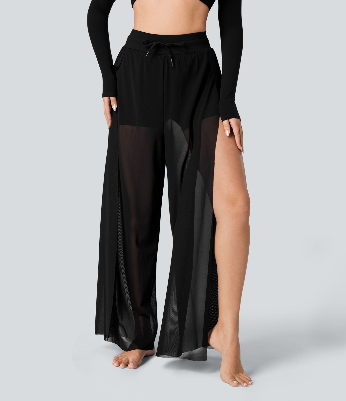 Pantalon Yoga 2 en 1 à Taille Haute avec Cordon de Serrage Maille Contrastée Fendu Poche Latérale et Jambes Amples et Fluides