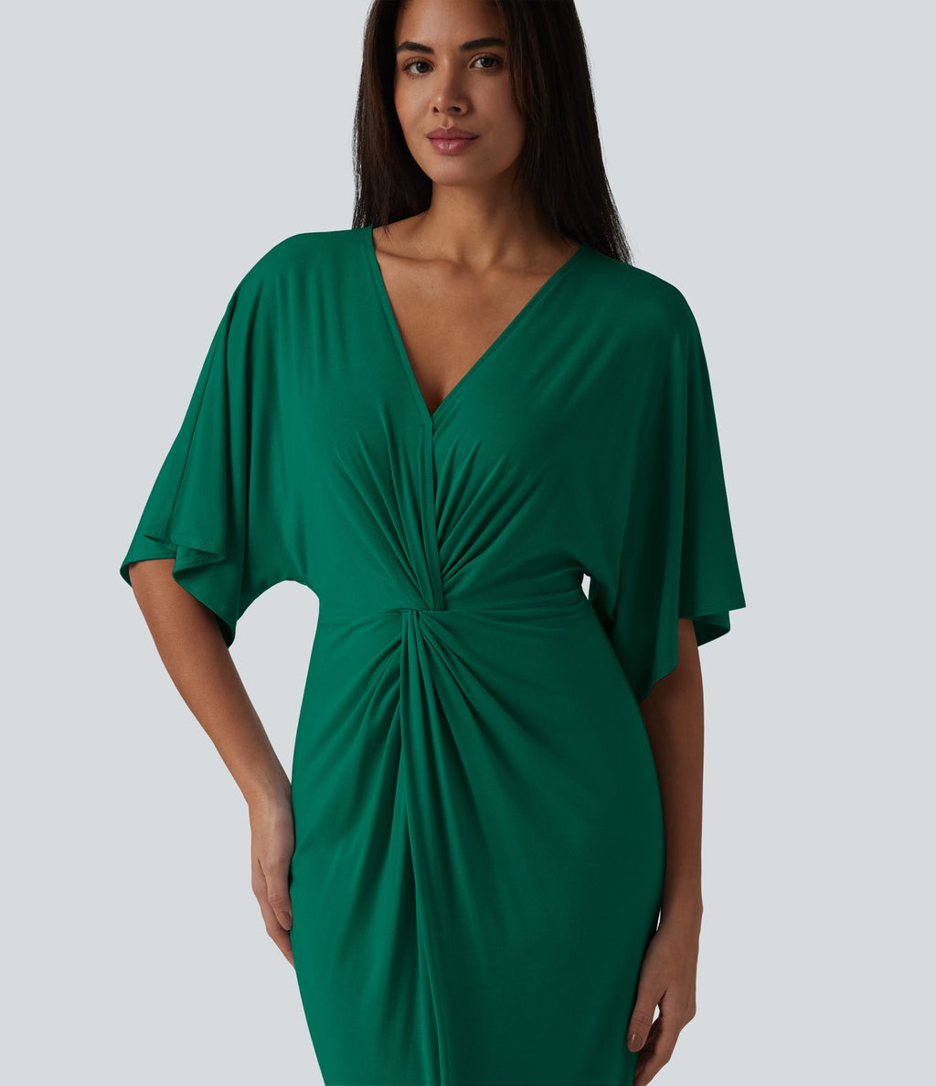 Robe midi col V manches chauve-souris ourlet tulipe torsadé